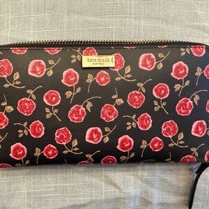 kate spade Black Floral Zip Wallet with Pink Roses